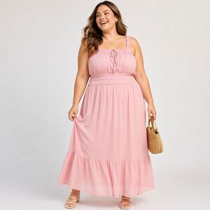 Celebrity Pink Smocked Waist Tiered Midi Dress Cottagecore Romantic Size XXXL